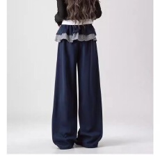 批发假两件花边拼接休闲卫裤女2026新款<b class='q'>夏</b>季设计感拖地阔腿裤子遮肚