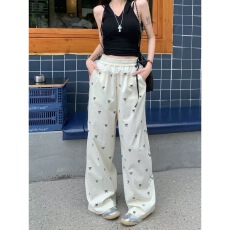 批发甜辣妹蕾丝边拼接休闲裤蝴蝶结裤子女<b class='q'>夏</b>季宽松松紧腰阔腿裤直筒裤