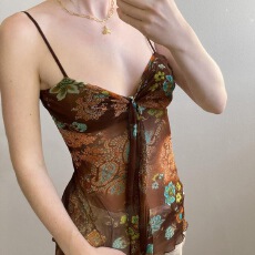 批发女装小众印花绑带设计吊带背心古着感外穿网纱修身<b class='q'>上衣</b>