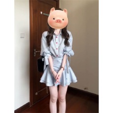 批发韩系甜美学院风<b class='q'>蝴蝶结</b>条纹印花Polo领<b class='q'>连衣裙</b>女夏季收腰A字短裙子