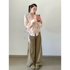 批发春秋气质通勤穿搭套<b class='q'>装</b>设计感收腰绑带<b class='q'>衬衫</b>上衣女直筒休闲<b class='q'>裤</b>两件套