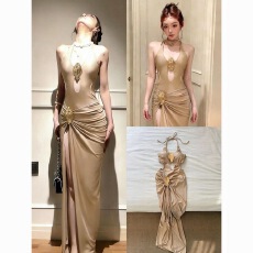 批发高级感新款香槟<b class='q'>金</b>连体长裙开叉两件套比基尼游泳衣泡温泉度假性感