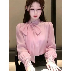 批发粉色衬衫女春2026洋气减龄独特漂亮蝴蝶结设计感高端法式小资上衣