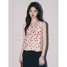 批发法式v领波点挂脖吊带<b class='q'>背心</b><b class='q'>雪纺</b><b class='q'>小衫</b>夏季新款独特设计宽松<b class='q'>无袖</b>上衣