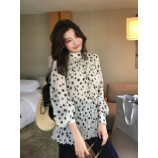 批发法式黑色<b class='q'>波点</b>印花长袖<b class='q'>雪纺</b><b class='q'>衬衫</b>女2026春季新款宽松压褶设计感上衣