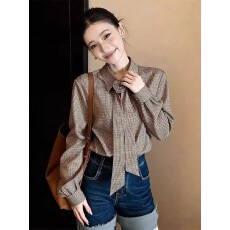 批发法式气质蝴蝶结格纹长袖衬衫女<b class='q'>秋</b>冬宽松设计感小众高级感休闲上衣