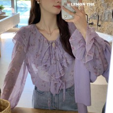 批发荷叶边碎花雪纺衫女设计感小众蝴蝶结绑带衬衫法式小清新<b class='q'>甜美</b>上衣