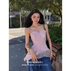 批发i美人鱼恋 漂亮巨好看度假粉色不规则褶皱收腰一字肩抹胸