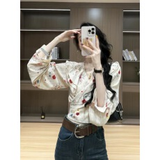 批发法式V领荷叶边碎花衬衫女2025早秋新款高级感别致短款长袖上衣女