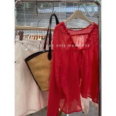 批发韩版超好看系带好看红色显瘦女春夏2025年衬衫上衣小衫新款