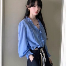 批发法式蓝色V领衬衫上衣女2025早秋新款爆款高级感通勤百搭长袖小衫