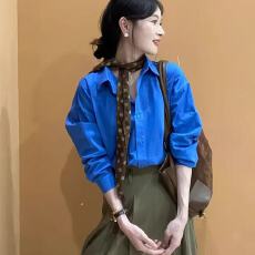 批发克莱因蓝polo领宽松长袖衬衣衬衫女2026巨好看早秋季高端小资上衣