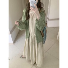 批发禅意清冷风<b class='q'>宽松</b>绿色开衫长袖外套女春夏内搭显瘦背心连衣裙两件套