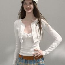 批发莱赛尔软糯亲肤双层假两件上衣女美式复古条纹亨利领<b class='q'>针织</b>长袖T恤