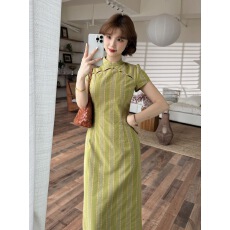 批发2026新款水滴型抽褶收腰复古条纹旗袍高贵裙子步生莲-夏季新中式