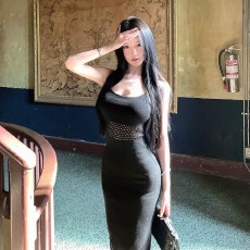 批发纯欲名媛气质白色镂空针织吊带<b class='q'>连衣裙</b>女神范收腰显瘦洋气包臀长裙