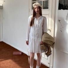 批发春季新款花边系带提花女宽松<b class='q'>纯棉</b><b class='q'>连衣裙</b>中长款秋款长袖打底<b class='q'>连衣裙</b>