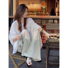 批发慵懒风气质宽松短袖T恤女装2026夏季新款蕾丝破洞阔腿长裤两件套