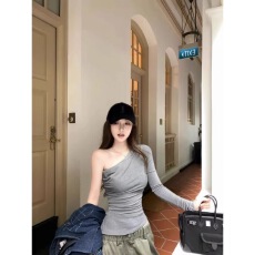 批发韩系ins灰色不对称斜肩单袖长袖<b class='q'>T</b><b class='q'>恤</b>女春季修身显瘦<b class='q'>莫代尔</b>打底上衣