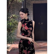 批发新中式改良旗袍新款高级气质复古印花长裙无袖连衣裙显瘦优雅夏装