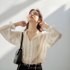 批发2026春季新款<b class='q'>蝴蝶结</b>系带法式复古木耳边杏色花边领<b class='q'>衬衫</b>女小个子