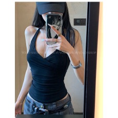 批发辣妹黑色挂脖交叉设计吊带背心女夏季新款修身显瘦外穿<b class='q'>百搭</b>上衣潮