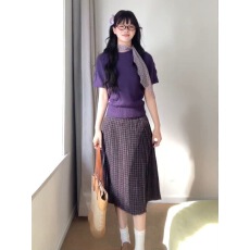 批发套装/单件早春韩系氛围感穿搭紫色短袖麻花毛衣<b class='q'>女</b>学生格纹<b class='q'>半身裙</b>