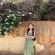 批发绝美海岛夏季新款度假风海边绿色条纹<b class='q'>宽松</b>吊带连衣裙气质流苏长裙