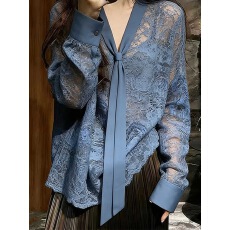 法式2026春季新款蓝色蕾丝系带气质衬衫超好看洋气设计感小衫上衣