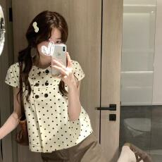 批发娃娃领<b class='q'>波点</b>撞色纽扣短袖T恤女夏季新款日系甜美减龄显瘦A字摆上衣