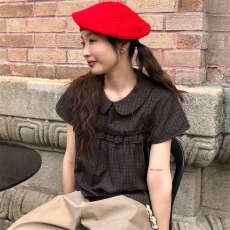 批发日系夏季甜美复古花边<b class='q'>格子</b><b class='q'>衬衫女</b>花边娃娃领短袖上衣宽松显瘦衬衣