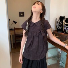 批发半韩系复古甜美蝴蝶结<b class='q'>娃娃领</b>短袖<b class='q'>衬衫</b>女2025新款宽松显瘦百搭上衣
