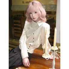 批发法式条纹翻领不规则收腰衬衫女款春季新中式内搭打底长袖短款上衣