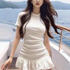 批发纯欲风复古拼接短袖连衣裙女2026夏季新款气质显瘦荷叶边A字短裙