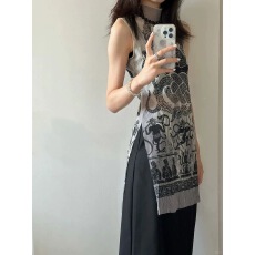 批发新中式复古印花设计轻薄网纱开叉背心女夏辣妹修身显瘦半高领上衣