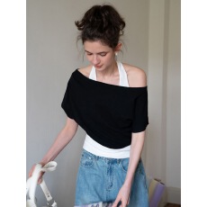 批发美式甜辣斜肩挂脖假两件短袖<b class='q'>t</b><b class='q'>恤</b>女夏季潮流<b class='q'>个性</b>爆款修身露肩上衣