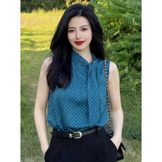 批发法式高级感蓝色<b class='q'>波点</b>无袖上衣T恤女夏季新款薄款独特漂亮气质背心