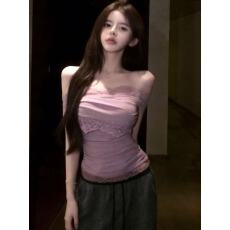 批发韩系辣妹交叉<b class='q'>蕾丝</b>拼接上衣法式气质紫色设计感上衣2026年新款女装