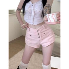 批发复古辣妹粉色<b class='q'>牛仔</b><b class='q'>短裤</b><b class='q'>女</b>2026夏直筒热裤高腰美式紧身休闲热辣裤子