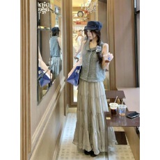 批发法式时尚设计背心无袖衬衫上衣夏季显瘦高腰半身裙长裙子两件<b class='q'>套装</b>