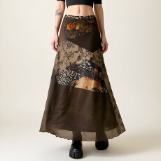 批发女装棕色复古<b class='q'>网纱</b>半<b class='q'>裙</b>vintage印花拼接设计感修身中长<b class='q'>裙</b>