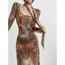 批发多面撩精晕染<b class='q'>网纱</b>印花飘带连衣<b class='q'>裙</b>女秋季褶皱收腰显瘦灯笼袖长<b class='q'>裙</b>