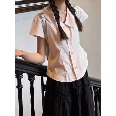 批发日系文艺学院风粉色短袖衬衫女夏季小个子修身短款打底衫衬衣上衣