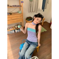批发纯欲蓝紫条纹抹胸吊带背心女夏内搭2026新款修身独特漂亮短款上衣