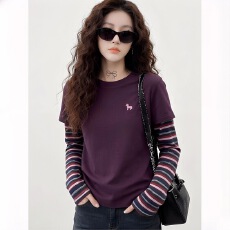 批发欧货高级感假两件条纹撞色t恤女春季圆领套头<b class='q'>打底衫</b>洋气<b class='q'>长袖</b>上衣