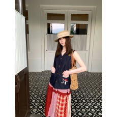 批发套装女夏季法式复古刺绣<b class='q'>牛仔</b>无袖背心马甲开衫格子拼接半身裙子潮