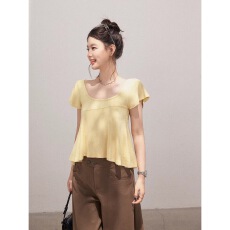 批发不规则U领短袖T恤女夏季韩系休闲宽松显瘦百搭短款上衣