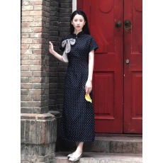 批发法式气质高级感波点短袖连衣裙2025夏季新款收腰显瘦立领长裙子女