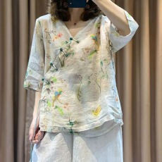 批发民族风v领碎花宽松棉麻上衣女夏<b class='q'>中袖</b>衬衫盘扣文艺复古中国风<b class='q'>女装</b>