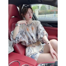 批发夏装搭配一整套轻奢高级感遮肉显瘦印花防晒雪纺衬衫短裤两件套装